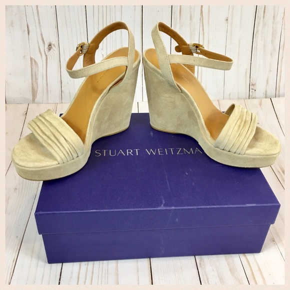 Stuart Weitzman Beige Suede Wedge Sandals Size 9B - Picture 4 of 8